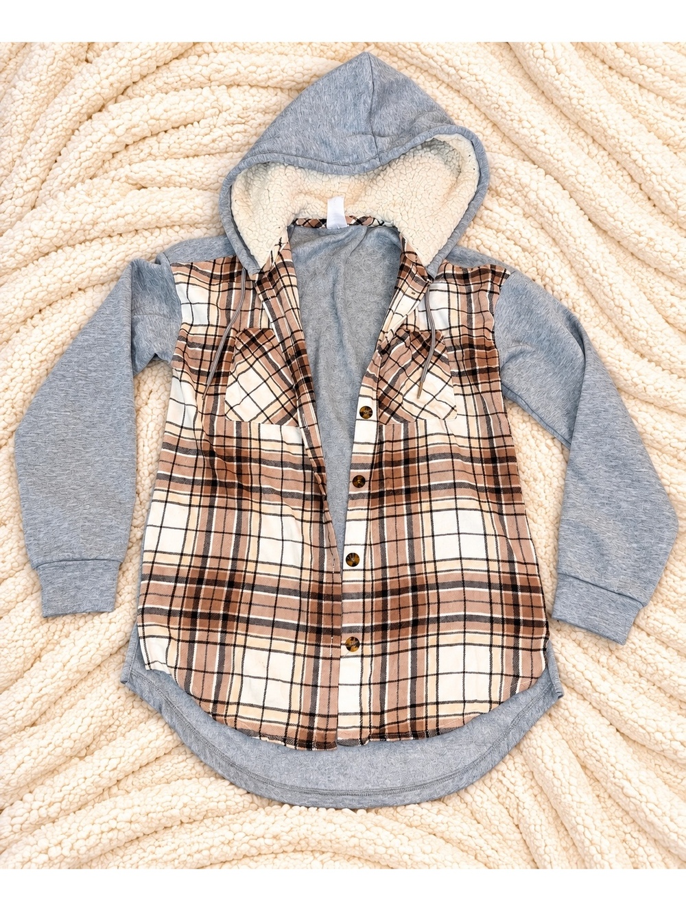 No Boundaries Women's Brown Plaid Button-Up Hoodie with Sherpa-Lined Hood, Size